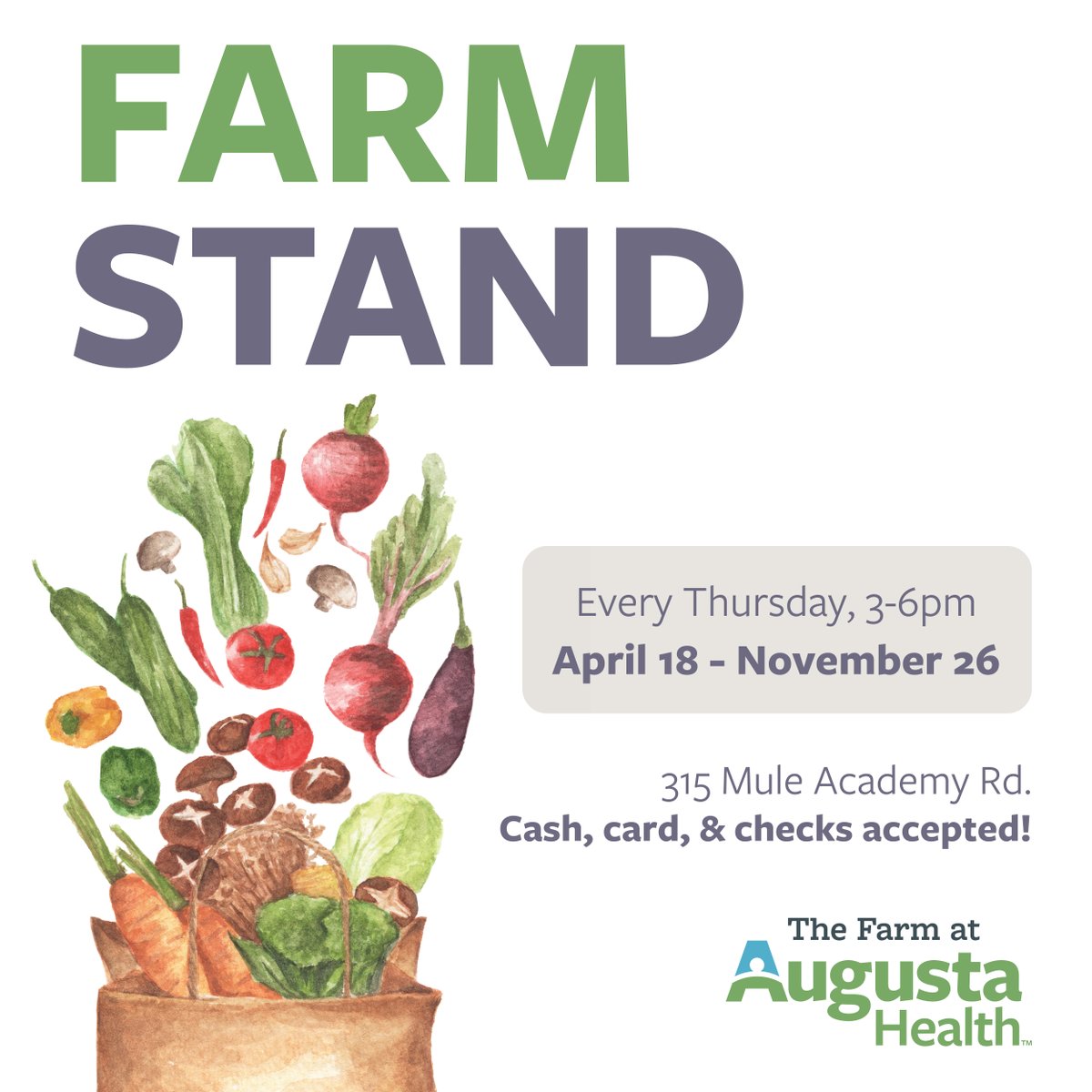 The Farm at Augusta Health Farm Stand is returning soon! We will have the farm stand every Thursday, starting April 18th. We will be open from 3-6pm, and accept cash, card, and checks. Swing by and pick up some #local #produce!