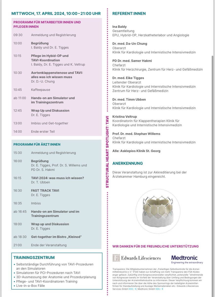 Da-Un Chung, MD | FESC (@daunchung_md) on Twitter photo Dear Colleagues & fellow #StructuralHeart Enthusiasts, we would like to invite you to our event Structural Heart Spotlight: TAVI 🫀this Wednesday April 17th at #StGeorgHeart 🏥 in Hamburg to join us for interactive discussions and hands-on experience on simulators! 🦾
#HeartTeam Dear Colleagues & fellow #StructuralHeart Enthusiasts, we would like to invite you to our event Structural Heart Spotlight: TAVI 🫀this Wednesday April 17th at #StGeorgHeart 🏥 in Hamburg to join us for interactive discussions and hands-on experience on simulators! 🦾
#HeartTeam