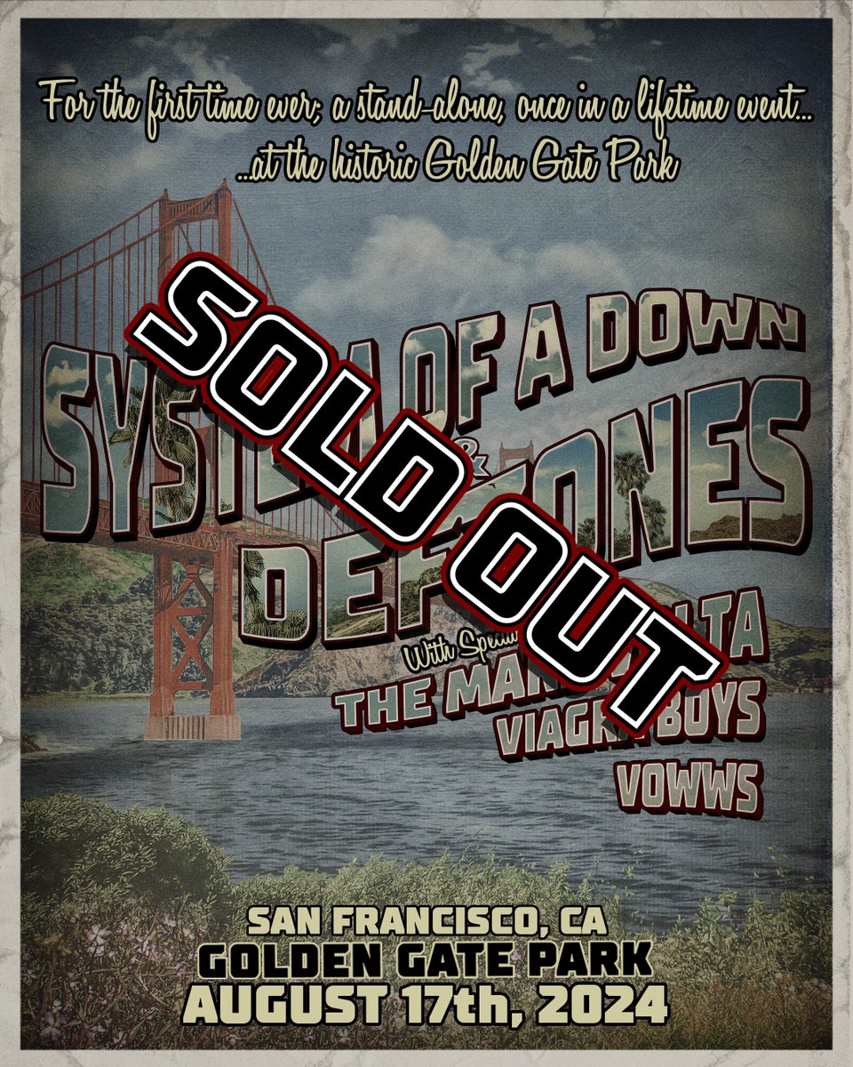 Our inaugural Golden Gate Park Concerts show ft. @systemofadown & @deftones + special guests @themarsvolta, @ViagraBoys and @vowwsband is now SOLD OUT ⚡ We can’t wait to see all 50k of you on Saturday, August 17 at the Polo Field! 🤘