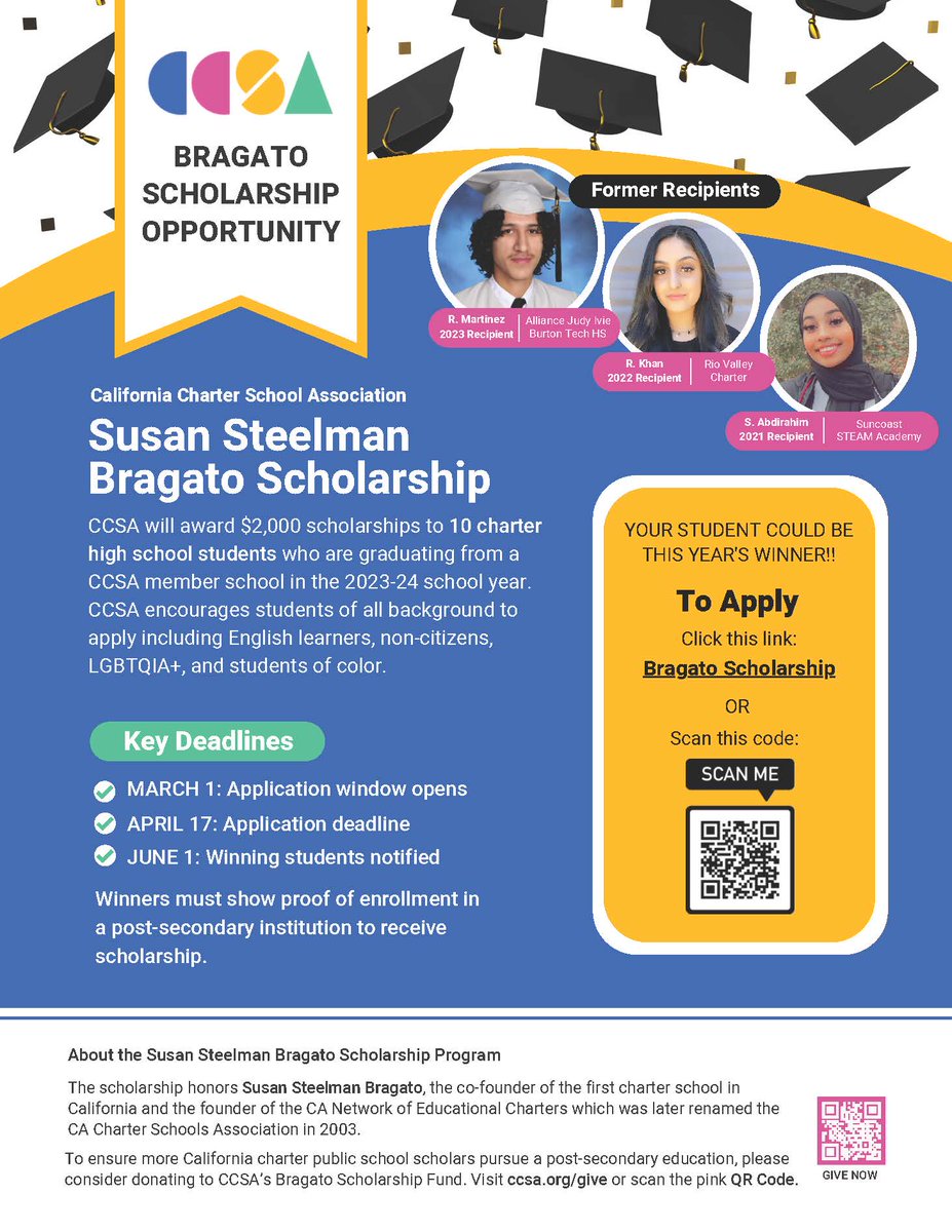 Applications for the 2024 Susan Steelman Bragato Scholarship are open. Every year, CCSA awards 10 high school students from CCSA member schools with $2,000 to help defray the costs of pursuing a postsecondary education. The deadline to apply is April 17! ccsa.org/scholarship