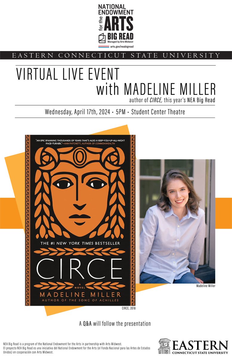 We are thrilled to share details on a special virtual presentation featuring #1 New York Times bestselling author @MillerMadeline on April 17 at 5 p.m. This event, hosted in the Student Center Theatre, is the highlight of this year's @NEAarts sponsored 'Big Read' program!
