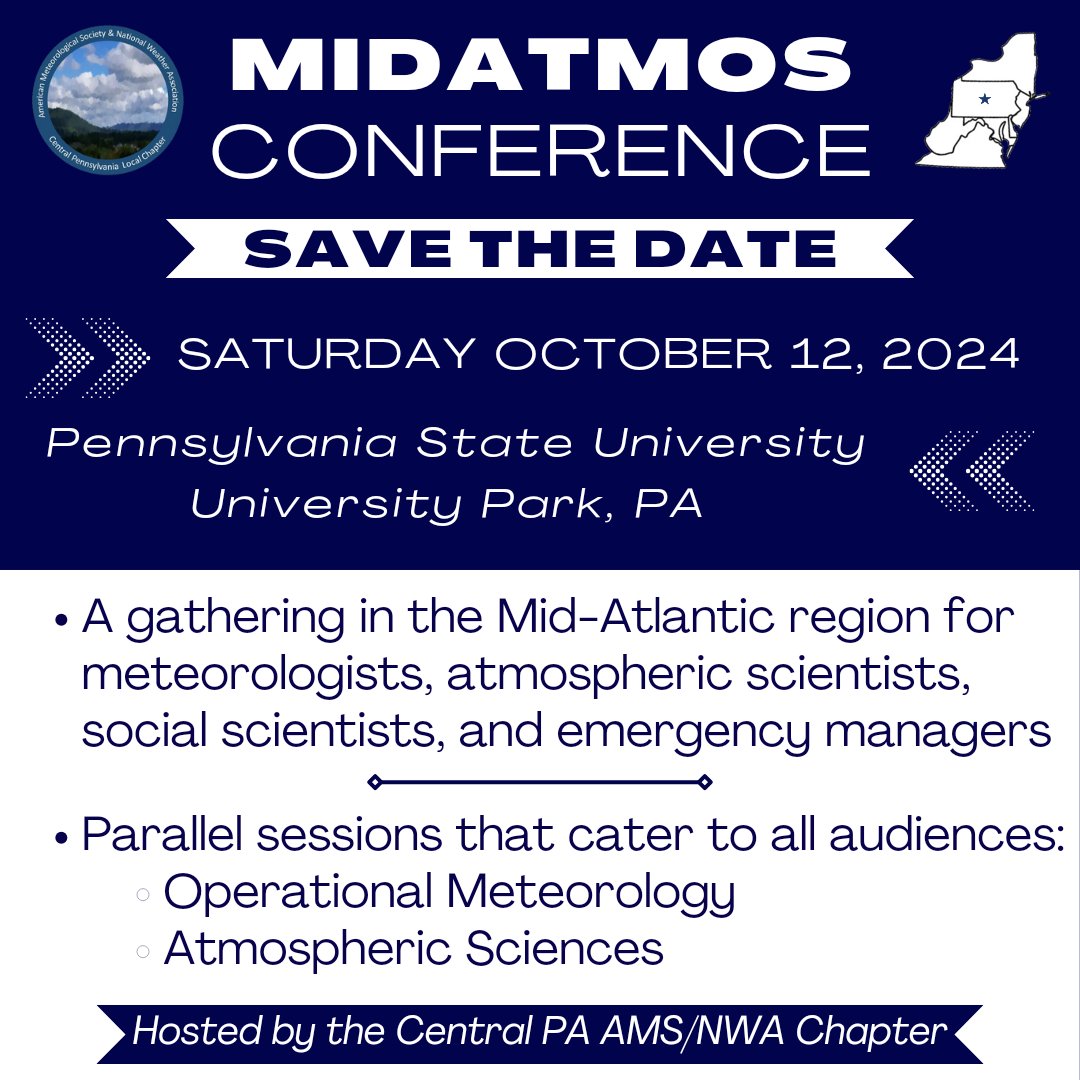 🚨New Conference Spinning Up This Fall🚨
📍Hosted in the Mid-Atlantic region
⛈️ Focusing on operational meteorology + atmospheric sciences🌀
📅 SAVE THE DATE: 10/12/2024
#MIDATMOS24