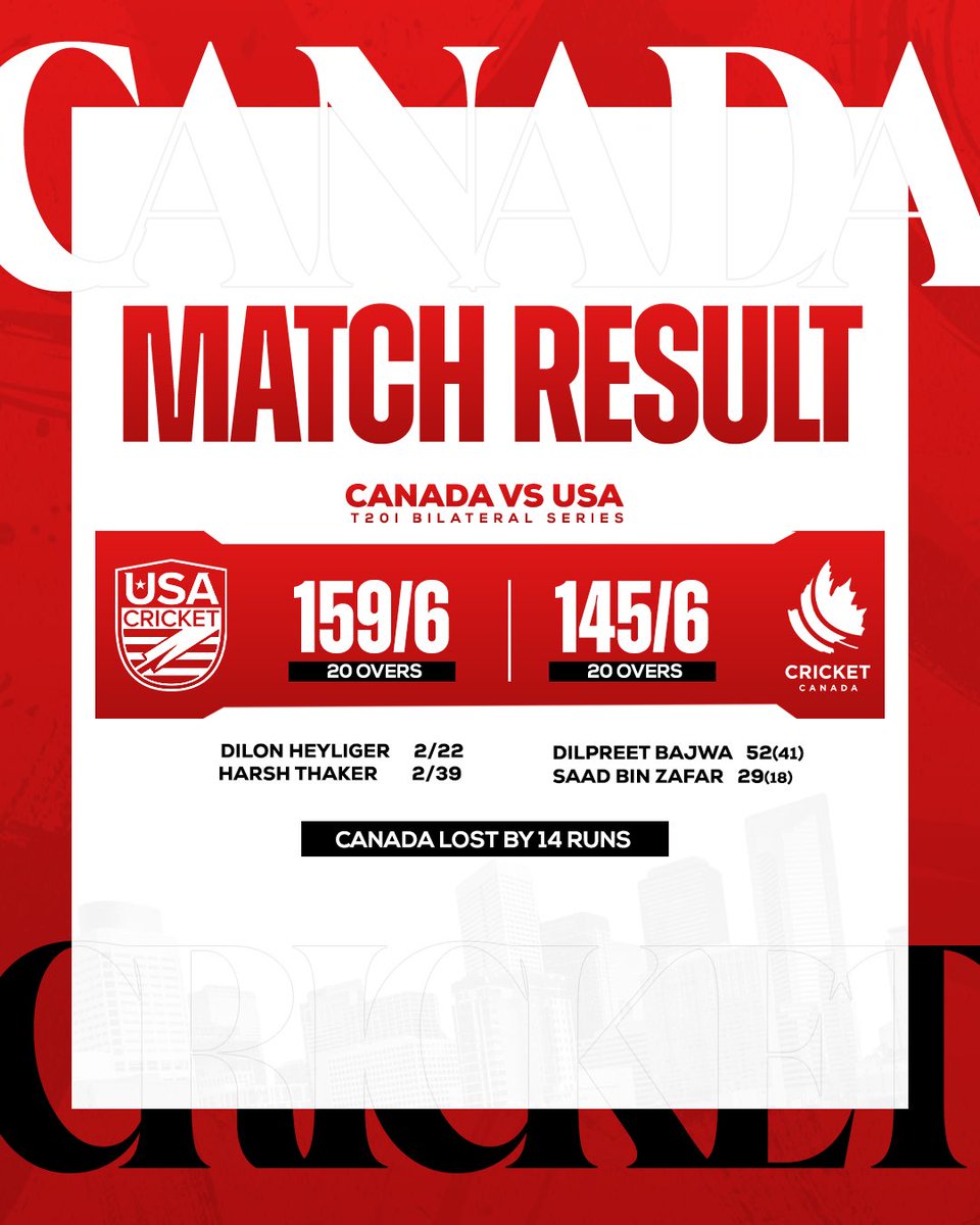 Team Canada fell 14 runs short in the run chase! Congratulations to @usacricket for the series win. #cricketcanada #canvsusa #t20