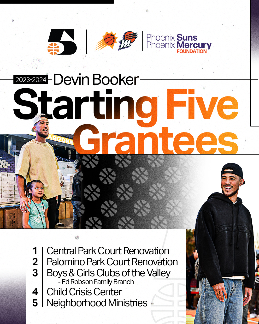 Graphic: Top of graphic features logos for Devin Booker Starting 5 and Phoenix Suns/Phoenix Mercury Foundation. Body of graphic lists out 2023-2024 Devin Booker Starting Five Grantees: 

1. Central Park Court Renovation 
2. Palomino Park Court Renovation 
3. Boys & Girls Clubs of the Valley (Ed Robson Family Branch)
4. Child Crisis Center
5. Neighborhood Ministries 