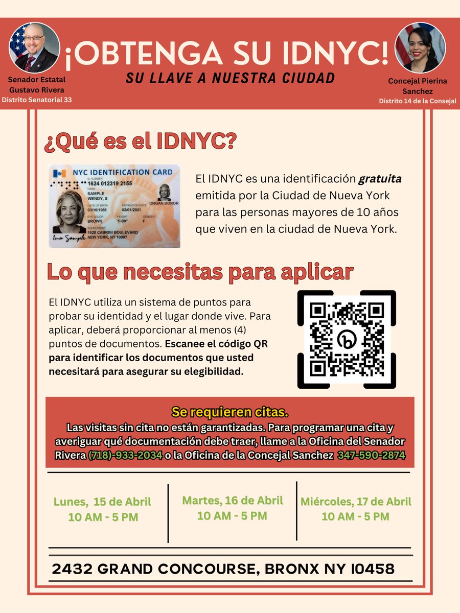 Del 15 al 17 de abril, la camioneta móvil de IDNYC estará afuera de mi oficina de distrito de 10 am a 5 pm. ¡Llame a la oficina de @CMPiSanchez o a mi oficina para verificar los documentos que necesita y sacar una cita para obtener la llave de nuestra ciudad!