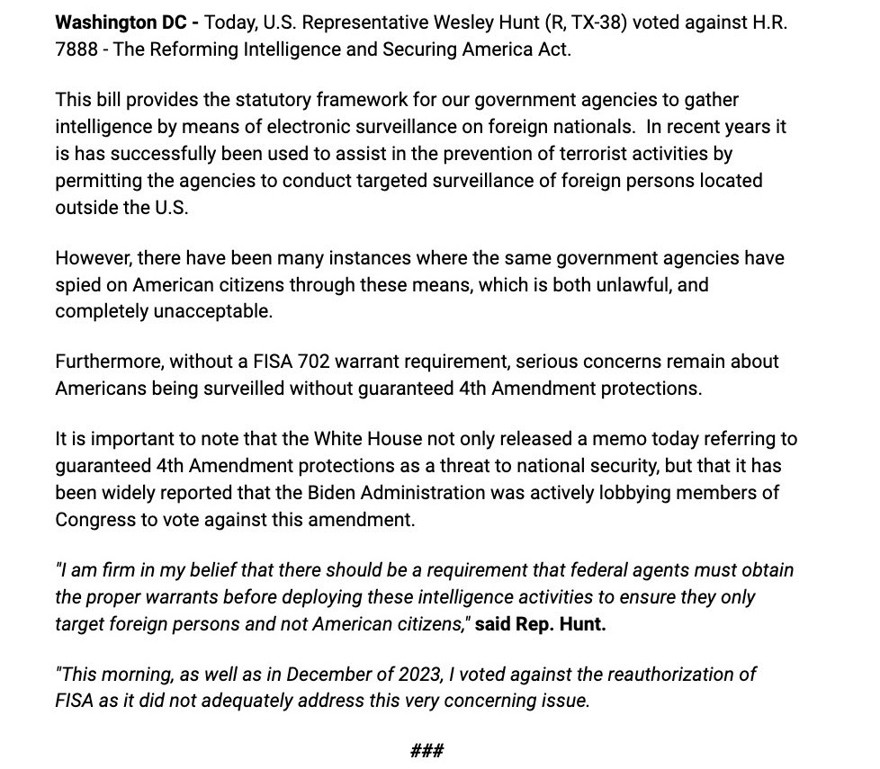 Today, I voted NO on the reauthorization of FISA. As many of you, I share the same deep concerns about the warrantless spying on American citizens. The weaponization of government against the American people does NOT end with the spying and political persecution of President…