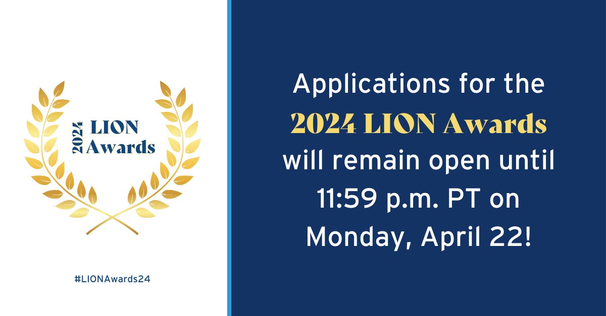🏆 update: We're extending the #LIONAwards24 application deadline to 11:59 p.m. PT on Monday, 4/22! Check out our 8 award categories, and use this extra time to polish up those apps! lionpublishers.com/awards/
