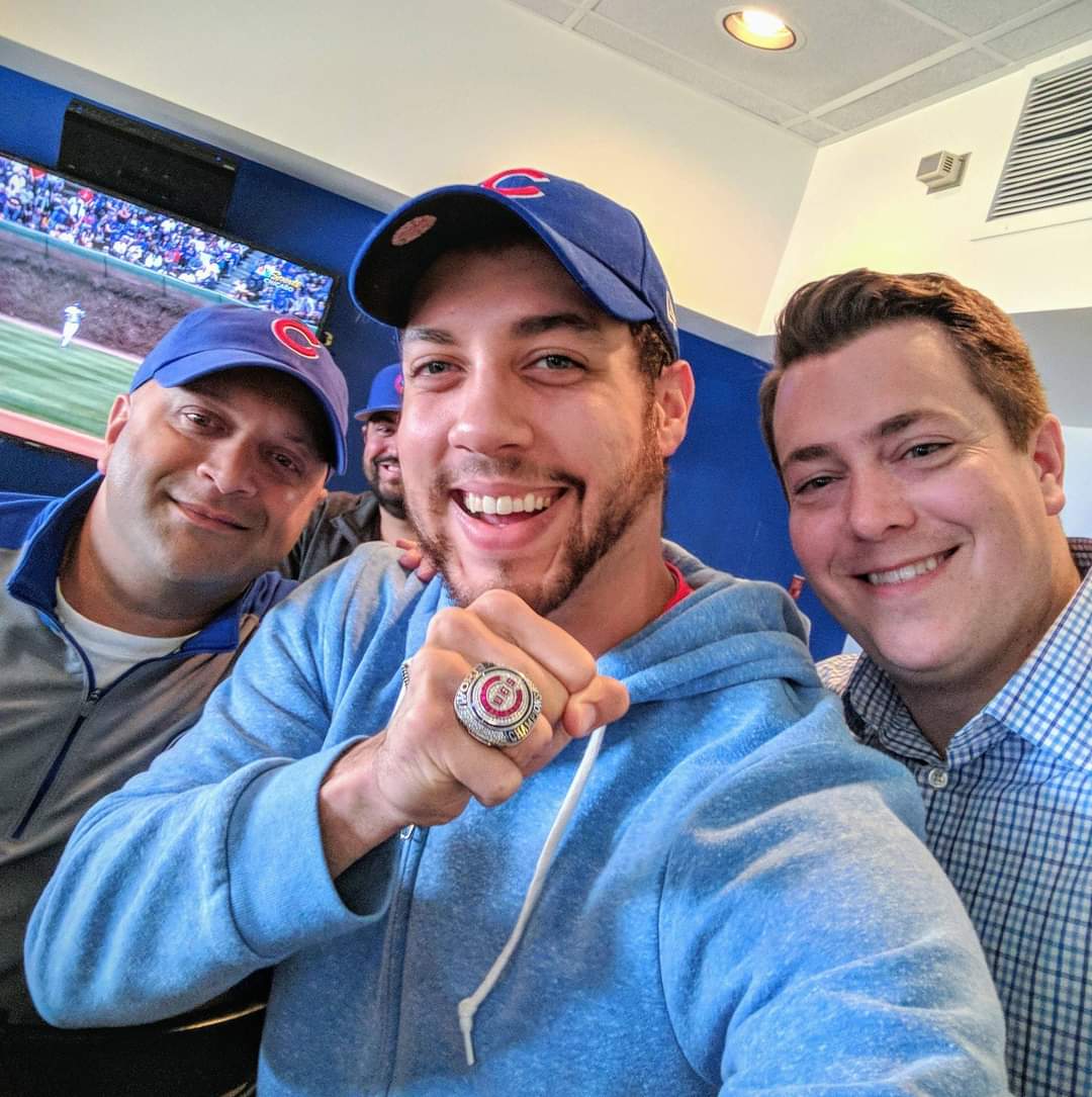 On this day in 2018, @TPF_85 told me to bring some fellow founders from @1871tech to enjoy a suite at a @cubs game. I brought @zakkates, my biz partner, and @Mr312 (photobombing us). I told Tom to keep an eye on Steven as he & his startup will be huge. That start up? @BookCameo!