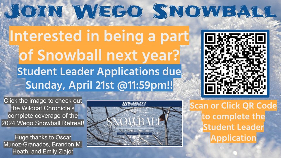 Would you like to be a SNOWBALL Student Leader next year? Applications are available NOW until April 21! Application Link - docs.google.com/forms/d/e/1FAI… #WeAreWeGo #OperationSnowball