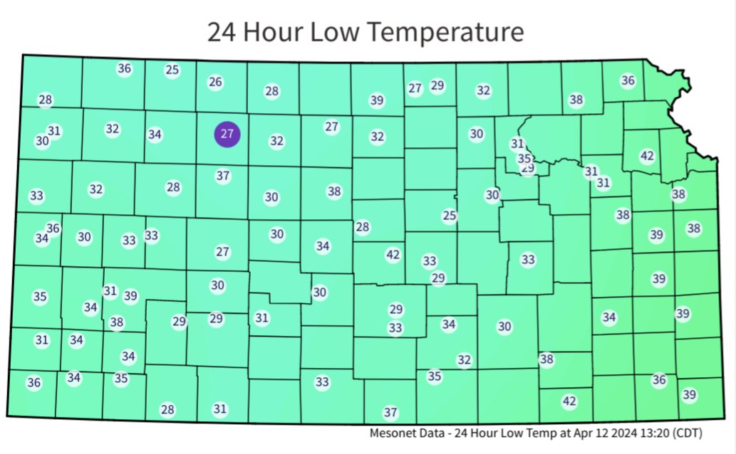 With a still, cloudless and dry air night - you can really pick out our lower locations. Temperatures dropped below freezing at these spots this morning. #kswx