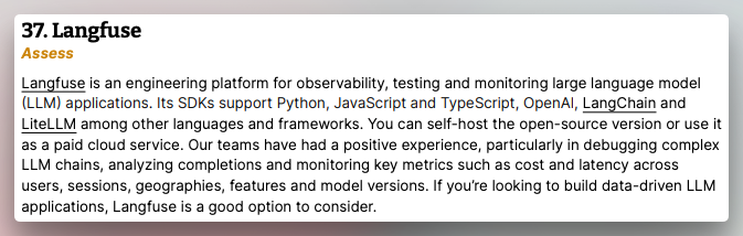 langfuse's tweet photo. 🧠 Pleasant surprise to be included in @thoughtworks latest tech radar! https://t.co/cOc67PH4PH