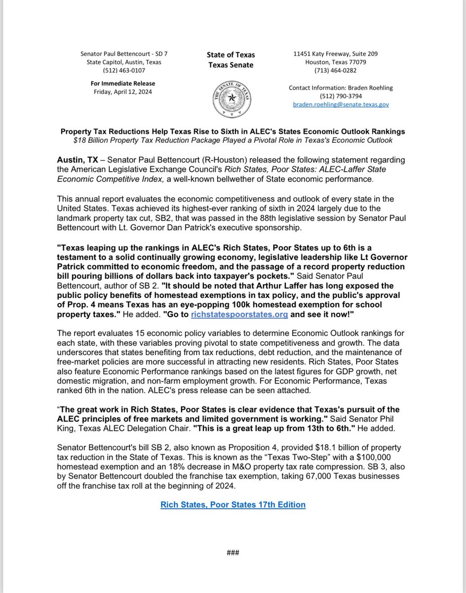 See my Press Release as Texas leaps up to 6th place on ALEC - Arthur Laffer’s Rich States Poor States rankings due in part to the passage of my record property tax reduction bill SB2! The Texas @ALEC_states Delegation Chair, Senator @PhilKingTX, had a great discussion with both…