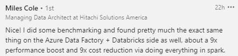 Will_Is_Lucid's tweet photo. @cannydata @PawarBI Spot on, @cannydata. 

After posting my findings, I learned one of my previous colleagues completed very similar testing using ADF + Databricks with almost identical results just a couple weeks back.

Below is his reply to my post on LinkedIn. https://t.co/COhxRxuIkJ