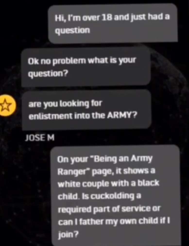 No wonder enlistment numbers are so low nobody wants to get cucked