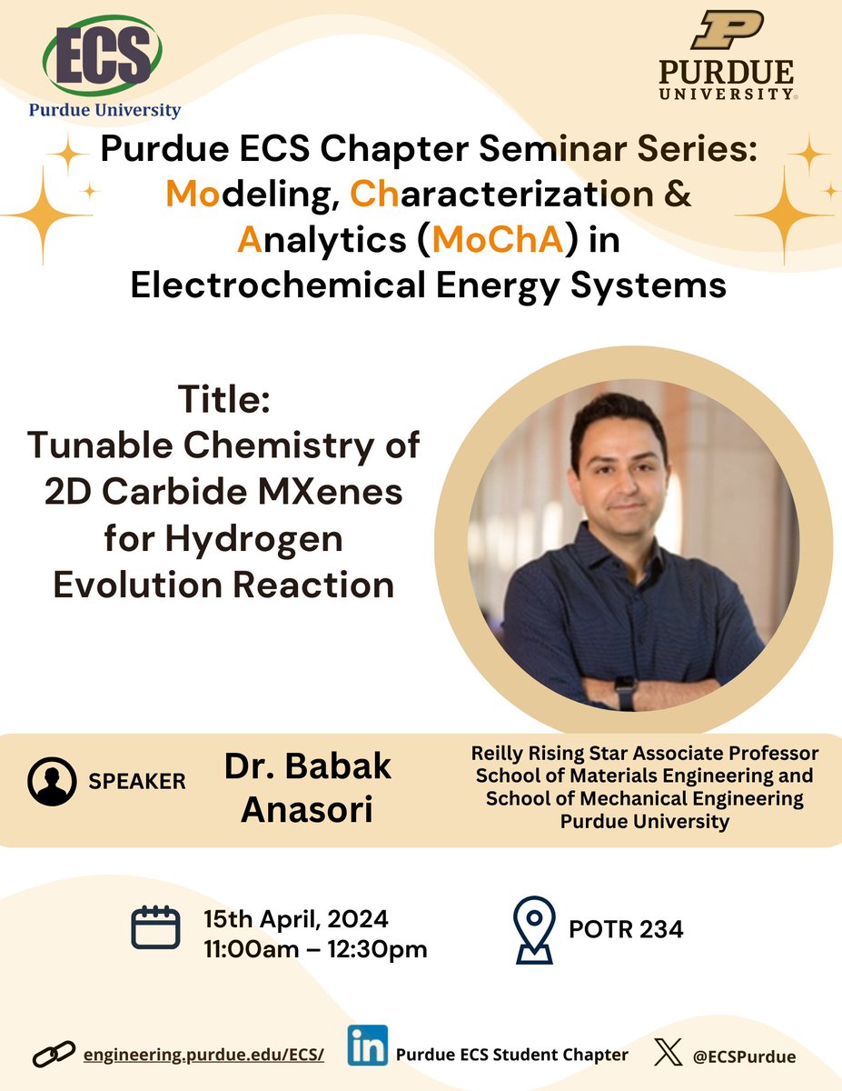 Purdue ECS Student Chapter (@ecspurdue) on Twitter photo 🌟 Spotlight on Innovation! <a href="/EcsPurdue/">Purdue ECS Student Chapter</a> proudly presents Dr. Babak Anasori at our next MoChA seminar for a captivating talk titled "Tunable Chemistry of 2D Carbide MXenes for Hydrogen Evolution Reaction." So buckle up! <a href="/ParthaPMukherj1/">Partha P. Mukherjee</a> <a href="/ECSorg/">ECS</a> <a href="/PurdueME/">Purdue Mechanical Engineering</a> <a href="/etslpurdue/">Energy and Transport Sciences Lab</a> 🌟 Spotlight on Innovation! <a href="/EcsPurdue/">Purdue ECS Student Chapter</a> proudly presents Dr. Babak Anasori at our next MoChA seminar for a captivating talk titled "Tunable Chemistry of 2D Carbide MXenes for Hydrogen Evolution Reaction." So buckle up! <a href="/ParthaPMukherj1/">Partha P. Mukherjee</a> <a href="/ECSorg/">ECS</a> <a href="/PurdueME/">Purdue Mechanical Engineering</a> <a href="/etslpurdue/">Energy and Transport Sciences Lab</a>