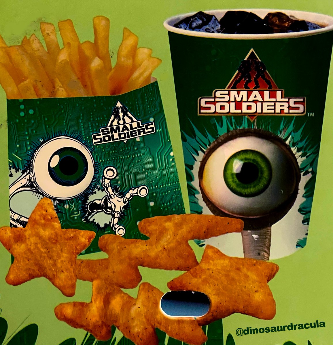 Small Soldiers Burger King Kids Meal, from 1998. Note the star and lightning-shaped chicken tenders, which according to some were meant to be worn as earrings.
