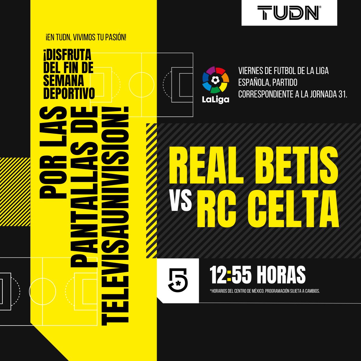 ¡Vive la emoción de la Liga Española! 💥 Real Betis vs RC Celta ⚽️ ¡Sigue cada jugada a las 🕘12:55 PM! #VivimosTuPasión ¡Vívelo a través de #Canal5!