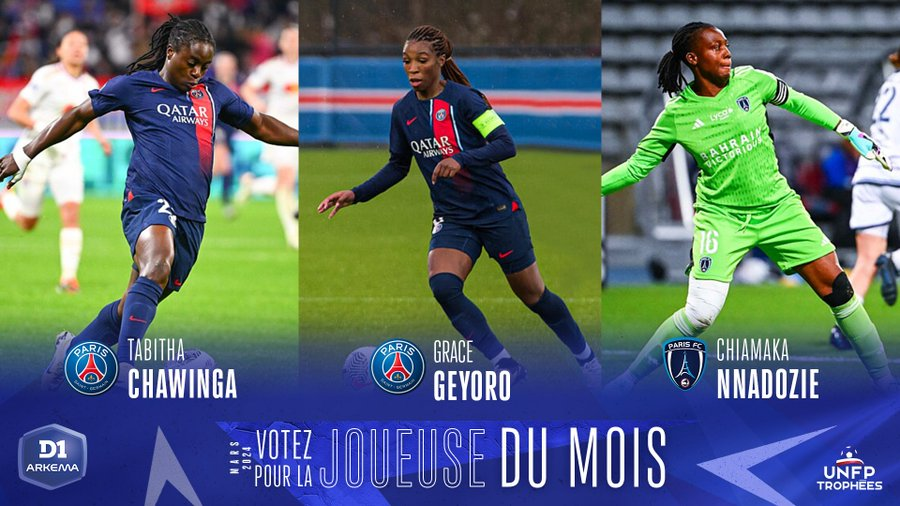 Les 3 nommées pour le titre de joueuse du mois de mars en D1 Arkema 🌟🇫🇷 🇲🇼 Tabitha Chawinga (PSG) 🇫🇷 Grace Geyoro (PSG) 🇳🇬 Chiamaka Nnadozie (Paris FC) 📸 @d1arkema #⃣ #D1Arkema