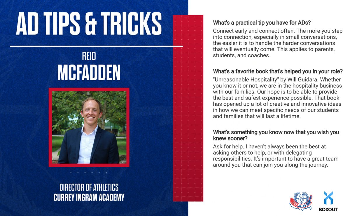 NIAAA (@niaaa9100) on Twitter photo It's time for a new NIAAA social media series – AD Tips and Tricks! First up, we have <a href="/reidmcfadden/">Reid McFadden, CMAA</a> from Currey Ingram Academy in Brentwood, Tennessee.
Want to be featured? Fill out the link below! #ADTipsandTricks
forms.monday.com/forms/6d9c4354… It's time for a new NIAAA social media series – AD Tips and Tricks! First up, we have <a href="/reidmcfadden/">Reid McFadden, CMAA</a> from Currey Ingram Academy in Brentwood, Tennessee.
Want to be featured? Fill out the link below! #ADTipsandTricks
forms.monday.com/forms/6d9c4354…