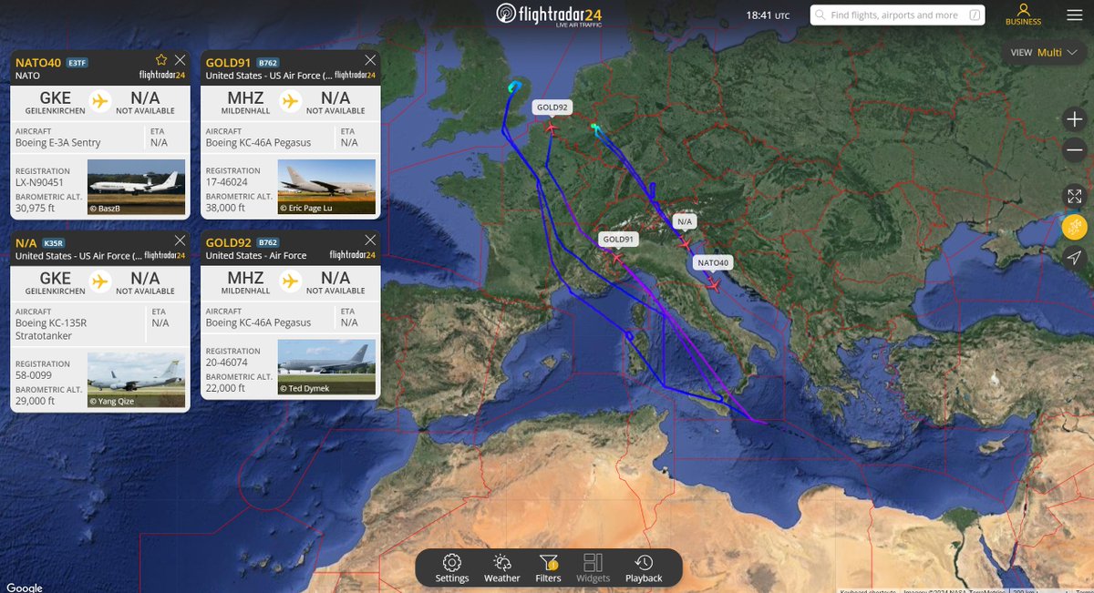 Significant movement of U.S. Air Force and NATO aircraft towards the Mediterranean includes:
- Two Boeing KC-46A Pegasus aircraft, callsigns GOLD91 and GOLD92
- A Boeing KC-135R Stratotanker
- A Boeing E-3A Sentry aircraft