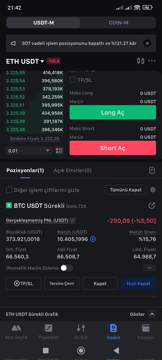 Bitcoin anlık dump yediği için acil yayın açıp 72 x 350 bin TL long açtım altcoin analizleri ve bitcoin canlı işlemler için koos gel