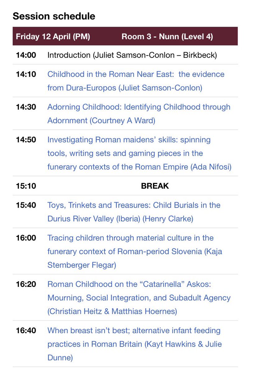 I’d like to thank my fellow panellists for such an interesting and productive session on the Material Culture of Roman Childhood at #RACTRAC2024. @ada_nifosi, @HenryHBClarke, @Kaja_Stemberger, @MatthiasHoernes, @Kayt_MB and Courtney Ward (not on Twitter)