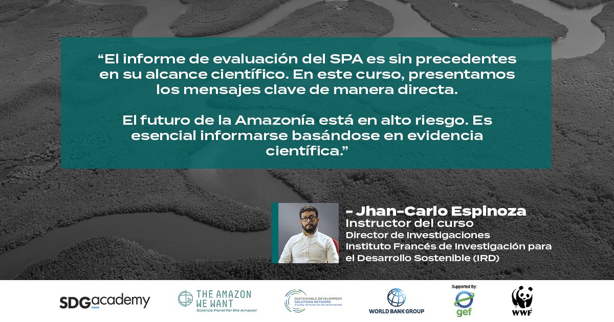 🟢 Únete para conocer a los/as instructores/as del #MOOC 'La Amazonía Viva'. Jhan-Carlo Espinoza @jcev09, Director de Investigación en el Instituto Francés de Investigación para el Desarrollo Sostenible (@ird_fr), comparte su experiencia. Inscríbete: bit.ly/AmazonMOOC