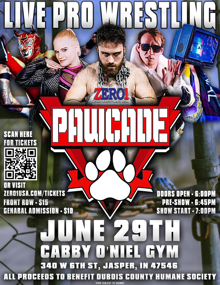 I’m doing something silly. I have partnered with @Zero1USAcom and the Dubois County Humane Society to present PawCade (in Jasper)! Professional wrestling to raise money for the cats and dogs! All proceeds from this event will go directly to the Dubois County Humane Society!…