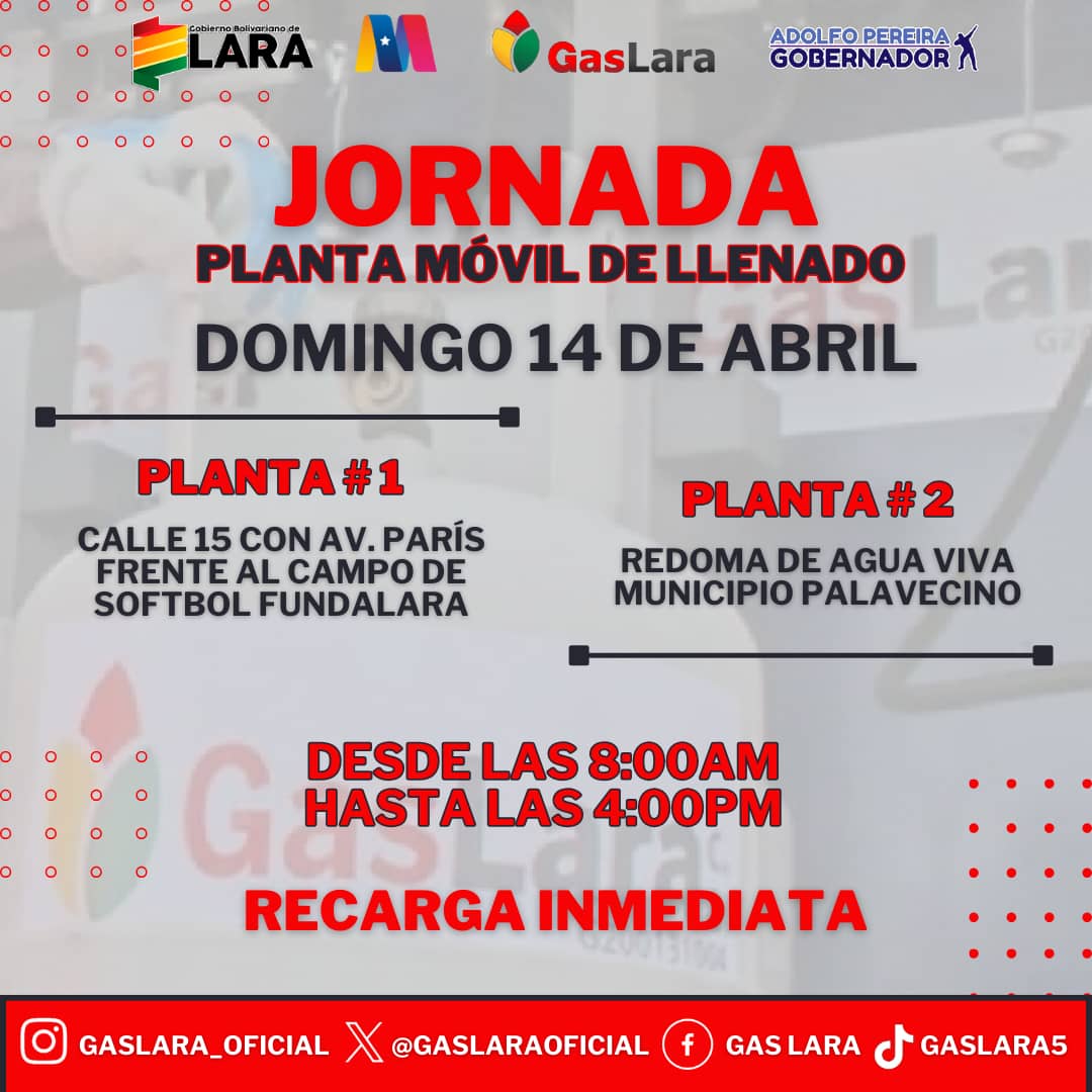 #12Abr Jornada de recarga inmediata con nuestra Planta Móvil de Llenado. ¡Te esperamos! #VenezuelaValiente @NicolasMaduro @gobiernodelara @AdolfoP_Oficial @secretariaopsv