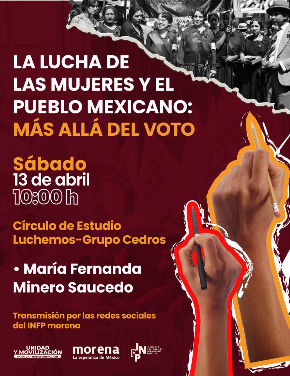 Les esperamos este sábado en nuestro Círculo de Estudio “Luchemos - Grupo Cedros” para analizar la importancia de la lucha de las mujeres en la vida política y social de nuestro país. Tendremos la participación de María Fernanda Minero Saucedo. 📅Sábado 13 de abril 🕥10:00 hrs.…