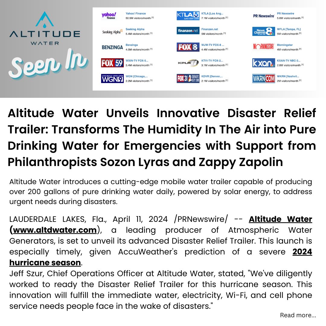 Introducing our cutting-edge Disaster Relief Trailer: transforming air humidity into lifesaving drinking water during emergencies. Supported by visionary philanthropists Sozon Lyras and @ZappyZapolin . Read full release 👉 rb.gy/fgrp5j 

#AltitudeWater #PRNewswire