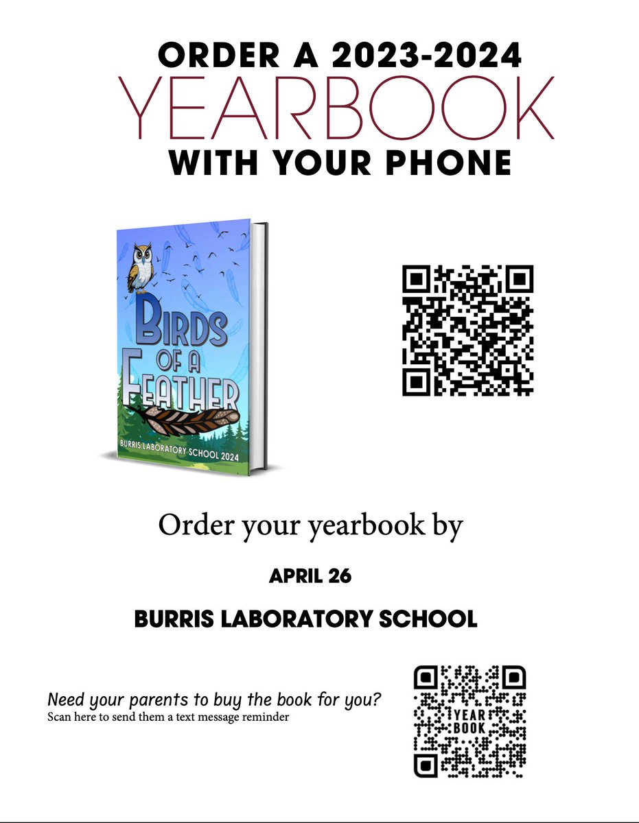 🚨ATTENTION🚨

Owls, don’t forget to buy your 2023-2024 yearbooks. Deadline is April 26th. Act fast by copying the link or scanning the QR code to access the purchase forms. 
#GoOwls #Burris