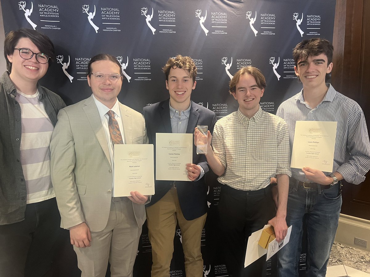 Congratulations to Brayden Fox, Nick Lazarus, Canon Paisley, Kyle Dyra and Liam Phillips for winning Best Writing for the Franklin Mayoral Campaign Mockumentary at the National Association of Television Arts &amp; Sciences Mid South Chapter Student Awards! #natasmidsouth