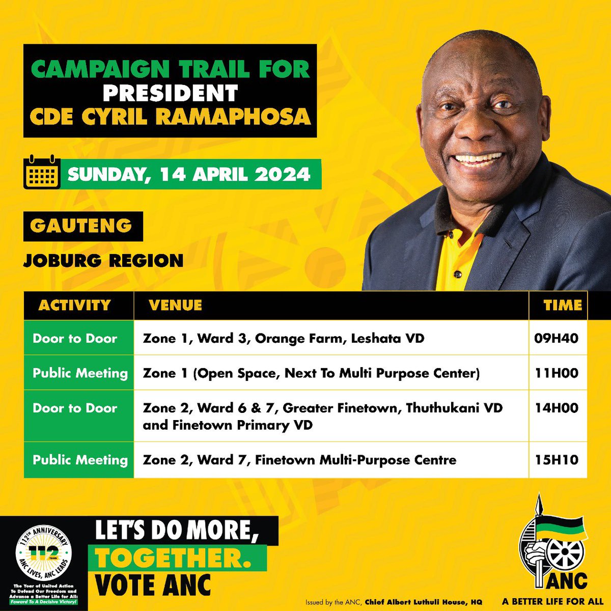 ANC PRESIDENT CDE CYRIL RAMAPHOSA LEADS AN ELECTION CAMPAIGN TRAIL PROGRAMME IN GAUTENG PROVINCE.

#VoteANC
#VoteANC2024 
#LetsDoMoreDoTogether