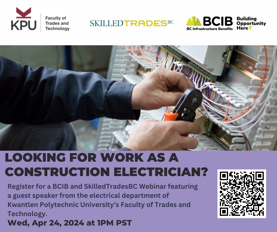 Construction Electrician jobs are opening across projects on the Lower Mainland & Vancouver Island. Register for our joint webinar with @SkilledTradesBC featuring a guest speaker from @KwantlenU's Faculty of Trades and Technology. Register for free at: eventbrite.ca/e/bcib-and-ski…