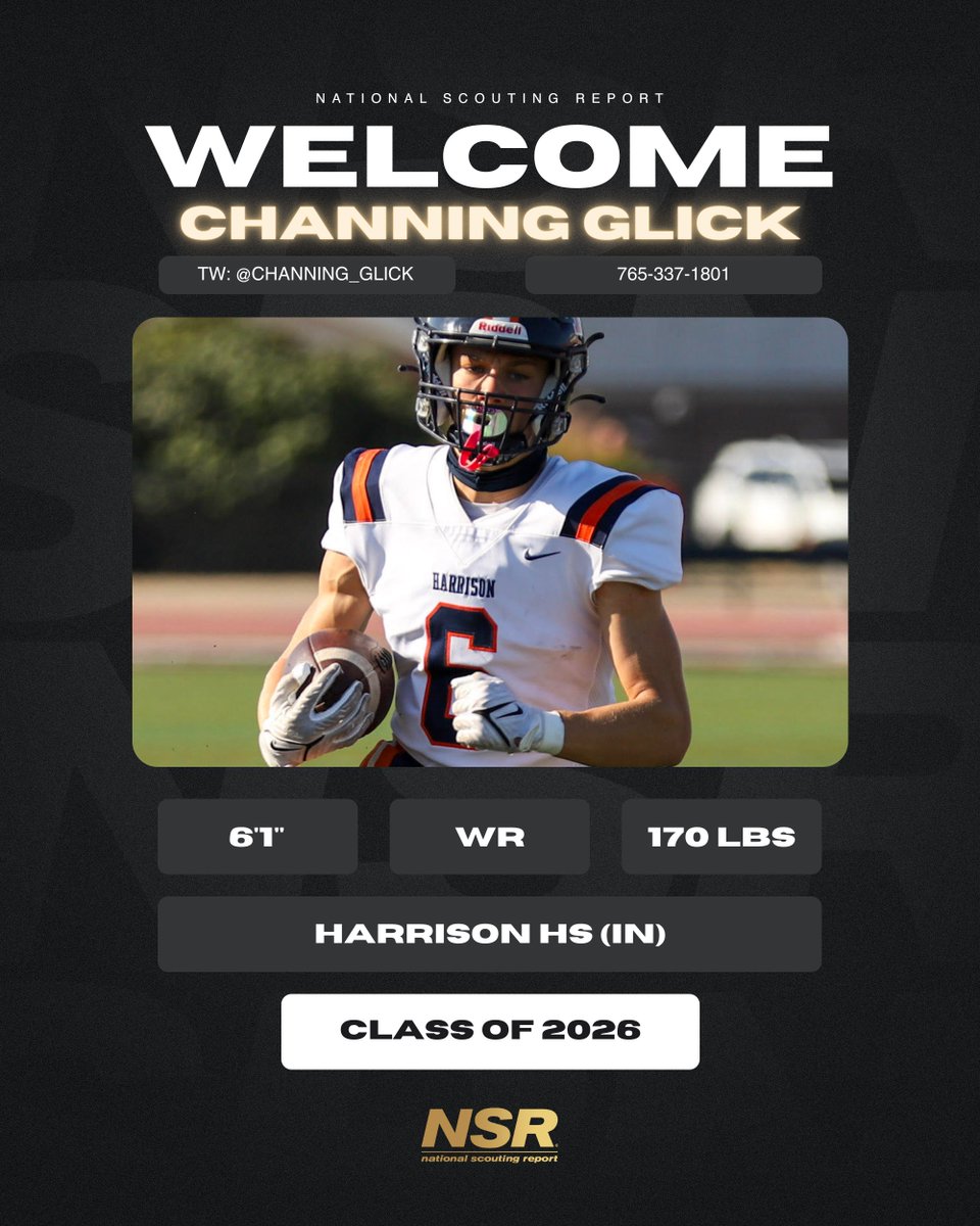 Excited to begin working with Channing Glick (@Channing_glick) and his family throughout the recruiting process! 🏈Pos. WR 📈Ht/Wt- 6'1 170lbs 🏫Harrison HS (IN) 🌬️4.59 40 ⚾️Also plays baseball