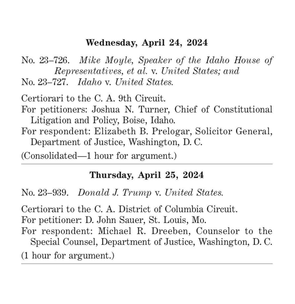 So here’s the lawyer lineup for the two big SCOTUS cases at the end of the month: emergency abortion access and presidential immunity.