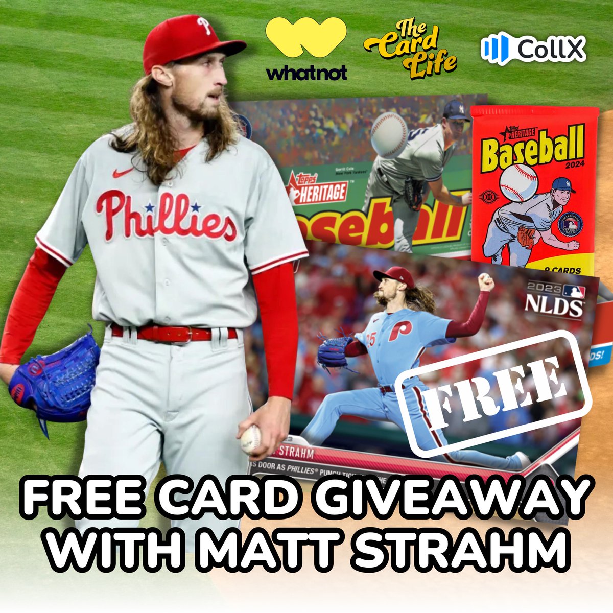 BREAKING NEWS! 🚨 Join us next Thursday, April 18th at 11am EST on @Whatnot! Phillies pitcher @MattStrahm of @TheCardLifeTV will join us LIVE to give away free packs of 2024 Topps Heritage & more. You don't want to miss this! ⚾: whatnot.com/invite/collxapp