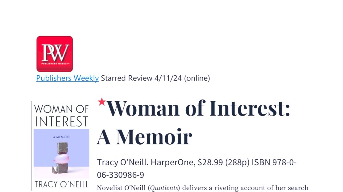 Third book, first @PublishersWkly starred review! 🙏🏽 WOMAN OF INTEREST lands June 25! bookshop.org/p/books/woman-…