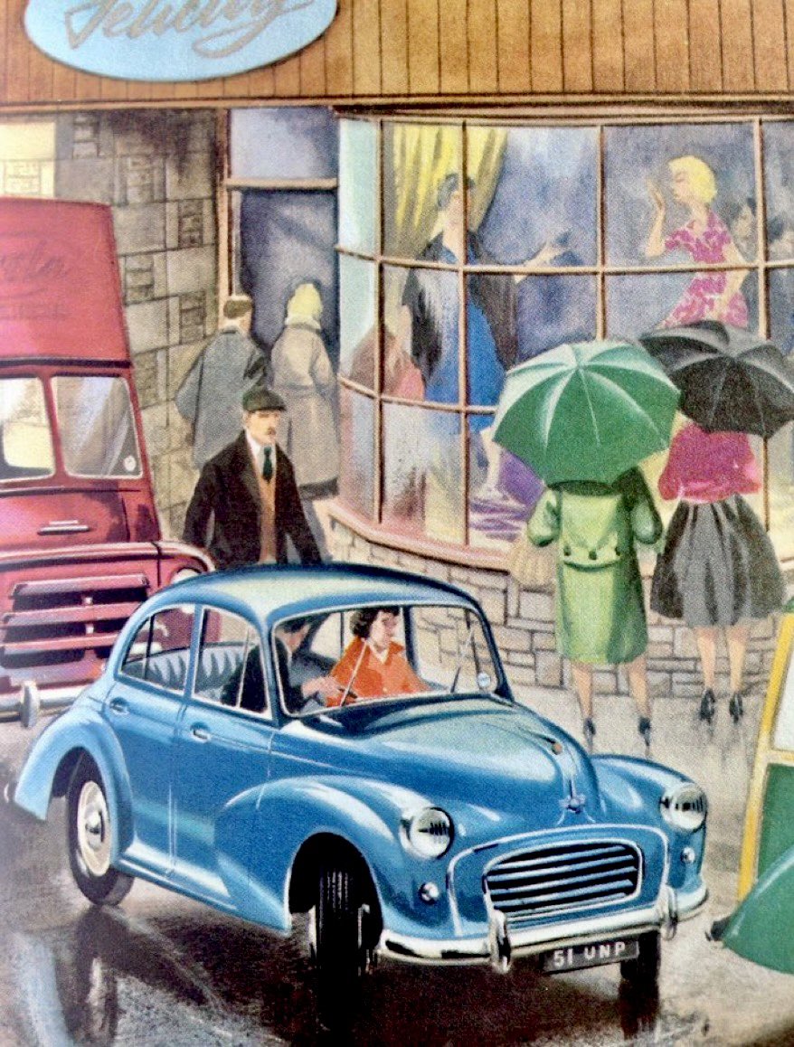 A trip to the shops in the Morris Minor Artist: Robert Ayton (The Story of the Motor Car, 1962)