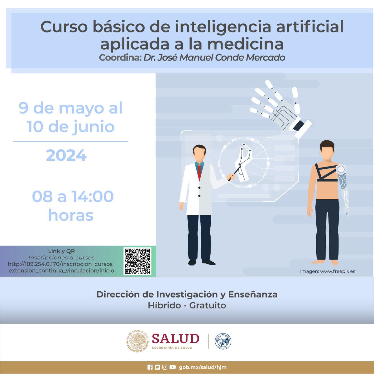 Te invitamos al #Curso básico de inteligencia artificial aplicada a la medicina, para inscribirte sólo escanea el código QR o da click en la siguiente liga: shorturl.at/bBNQT