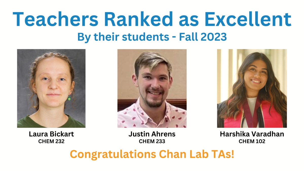 ChanLabUIUC's tweet image. Congratulations Laura, Justin, and Harshika on making it to the list of Teachers ranked as excellent by their students in Fall 2023!