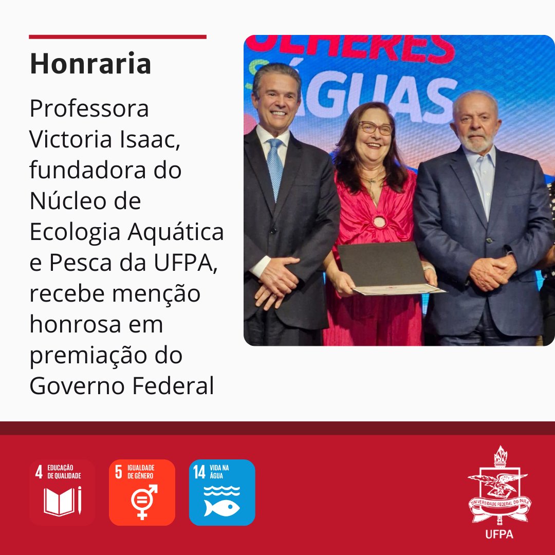 A bióloga pesqueira, cientista e pesquisadora da UFPA, Victoria Isaac, recebeu menção honrosa no prêmio Mulheres das Águas 2024. A honraria reconhece mulheres que se destacaram em ações e trabalhos nas áreas de pesca e aquicultura. Leia no #PortalUFPA tinyurl.com/MulheresdasAgu…