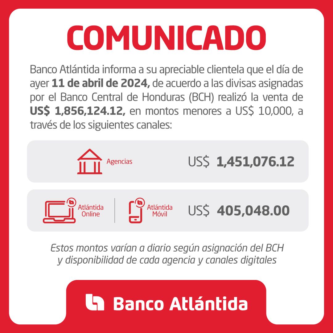 Recuerda que puedes comprar montos menores a US$ 10,000 diarios, según disponibilidad a través de nuestros canales: 📲Atlántida Móvil 💻Atlántida Online 🏦186 agencias Conoce las agencias donde puedes comprar dólares en efectivo, ingresando aquí: lnkd.in/eNP9B78u