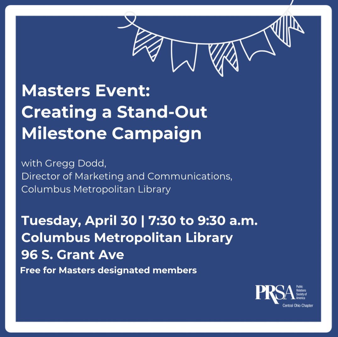 Calling all Masters! 🗣️

Major milestones are a meaningful moment for everyone connected to your organization’s success. <a href="/columbuslibrary/">Columbus Library</a> turned 150 last year and executed a celebration like no other. Join us to hear their strategy and best practices. ⬇️
 
prsacentralohio.org/meetinginfo.ph…
