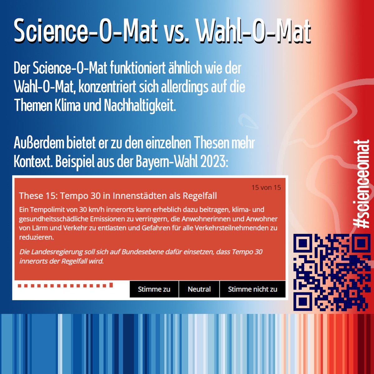 Der Science-O-Mat funktioniert ähnlich wie der Wahl-O-Mat von @bpb_de, konzentriert sich aber auf die Themen Klima & Nachhaltigkeit. Außerdem bietet er zu den einzelnen Thesen mehr Kontext. Im Bild seht ihr ein Beispiel aus der Bayern-Wahl 2023. #Europawahl #scienceomat