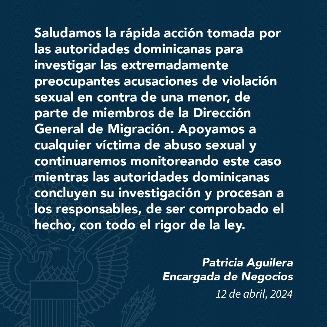 Saludamos la rápida acción tomada por las autoridades dominicanas para investigar las extremadamente preocupantes acusaciones de violación sexual en contra de una menor, de parte de miembros de la Dirección General de Migración. Apoyamos a cualquier víctima de abuso sexual y