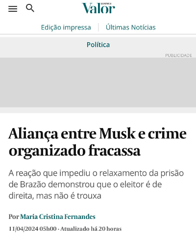 O troféu de militância de redação mais aloprada da semana vai para o Valor. E olha que a disputa foi intensa. Conseguiram associar manifestações de Musk sobre censura no Brasil com a manutenção da prisão de um deputado, num caso que não tem absolutamente nenhuma conexão com o…