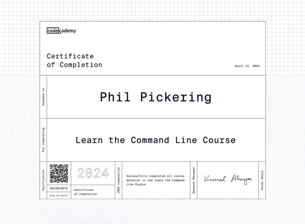 coder_phil's tweet image. Completed the @Codecademy course on the Command Line. 

#commandline #codecademy