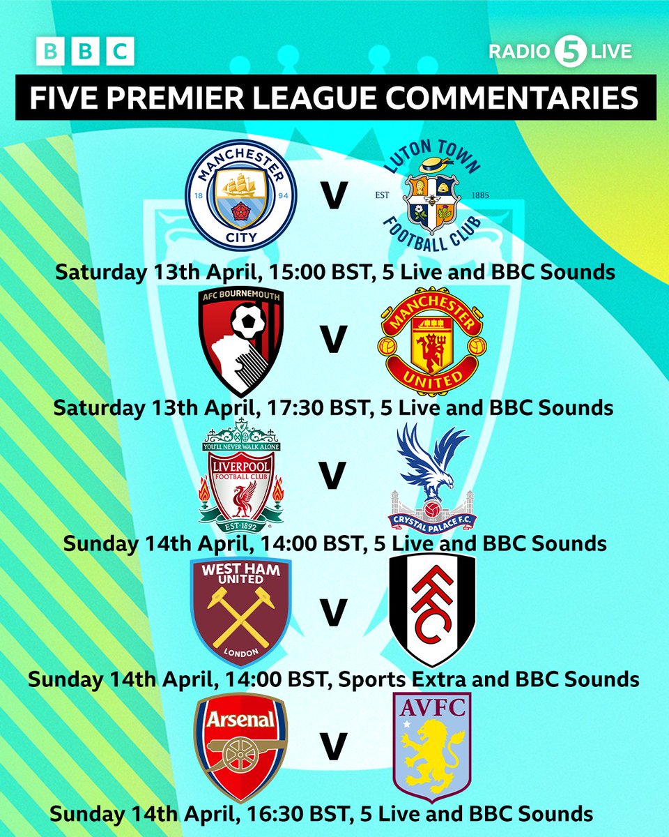 5️⃣ PL commentaries for you this weekend 🤩 Saturday: 3pm - 🔵Man City v Luton Town 🟠 5:30pm - 🍒Bournemouth v Man United👹 Sunday: 2pm - 🔴Liverpool v Crystal Palace🦅 2pm - ⚒️West Ham v Fulham⚪️ on Sports Extra 4:30pm - 🔴Arsenal v Aston Villa🦁 #BBCFootball